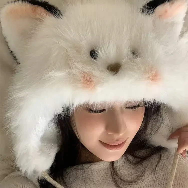 加厚毛绒腮红小猫冬季款加绒可爱立体耳朵保暖抗寒显脸小帽子