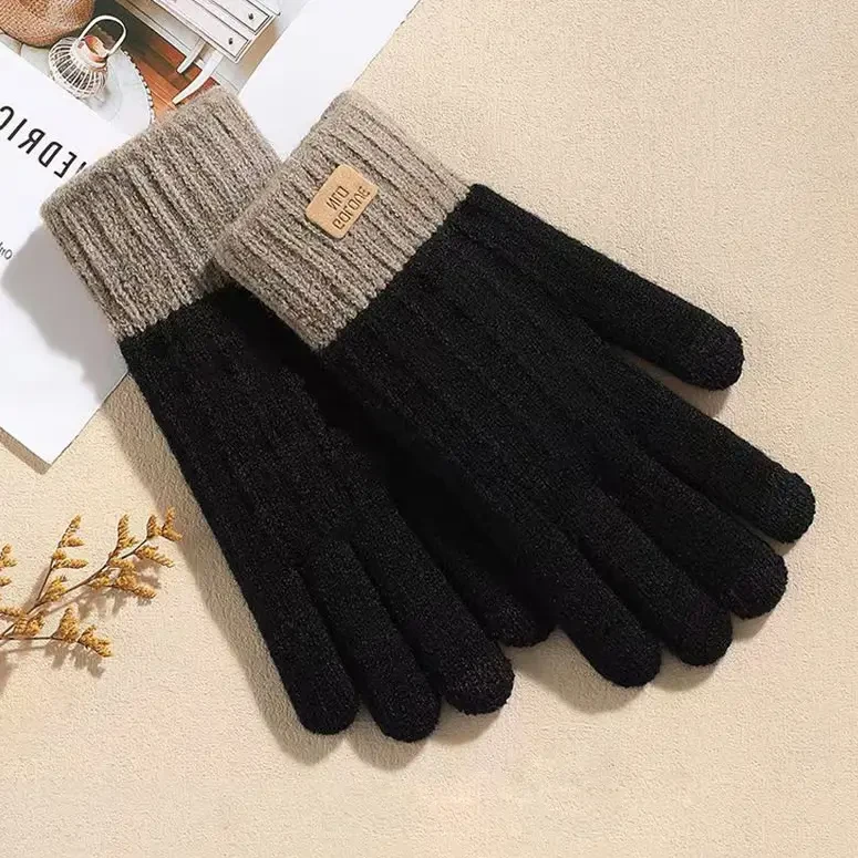 秋冬季针织保暖手套美拉德色系毛线分指加厚拉绒触屏时尚弹力手套