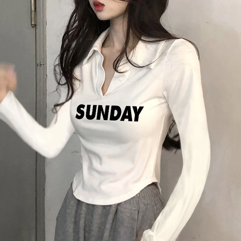 纯棉polo领纯欲风长袖T恤女新款早秋设计感甜辣小众修身显瘦上衣