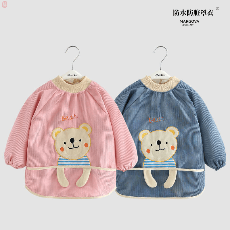 洋气吃饭罩衣秋冬长袖儿童围裙防水防脏反穿衣护衣灯芯绒婴儿围兜