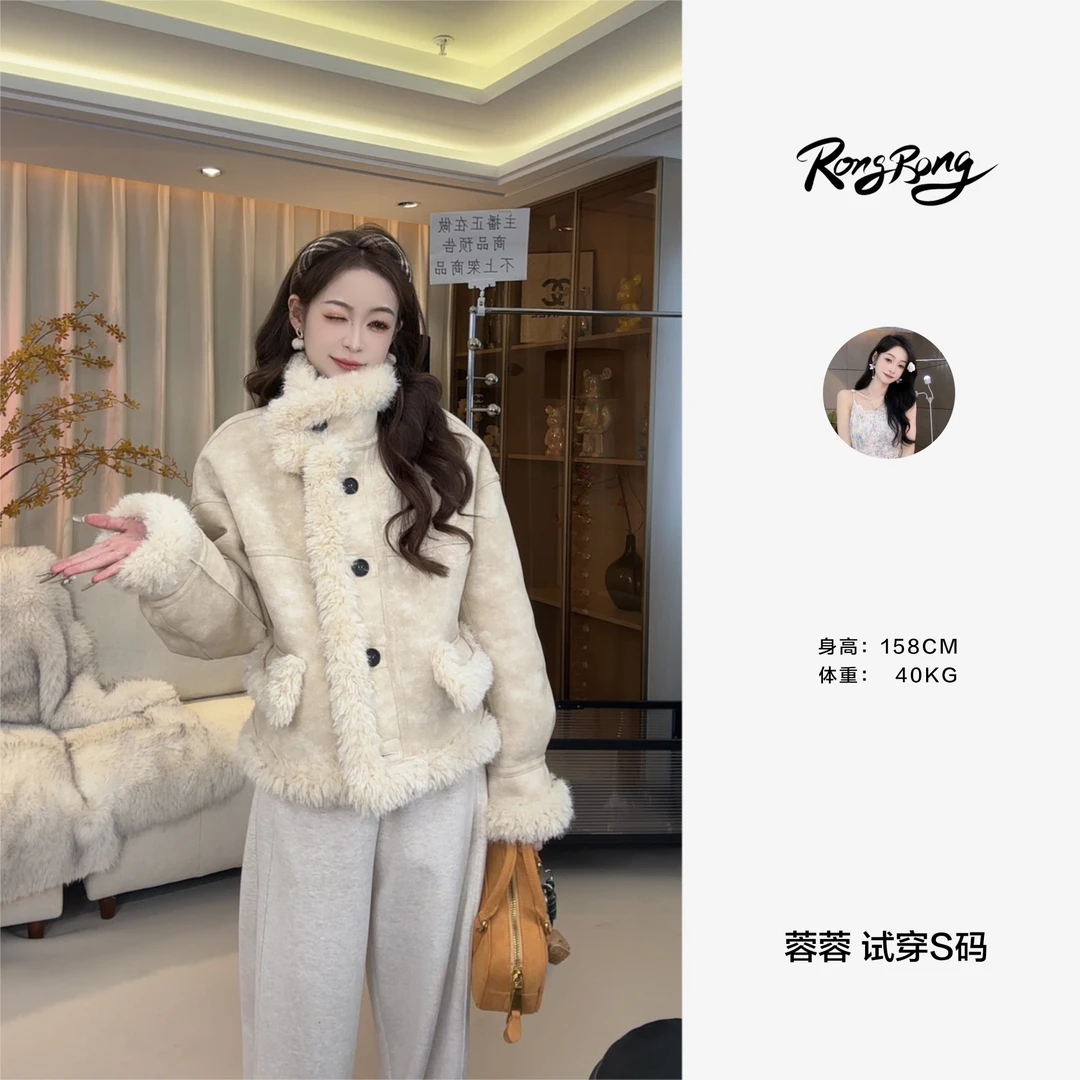 【蓉蓉专属】XS1392时尚加厚皮毛一体外套女韩系复古机车服