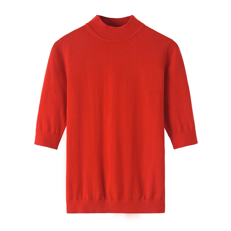 精纺纯羊绒衫女半高领中袖针织衫短袖毛衣抗起球不变形