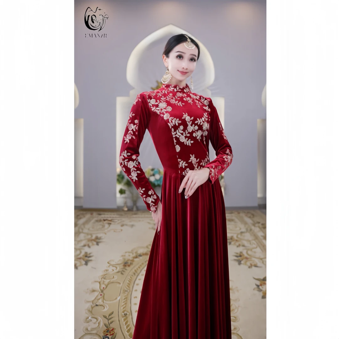 A2688异域风情民族风刺绣大摆显瘦气质修身百搭新疆舞服连衣裙