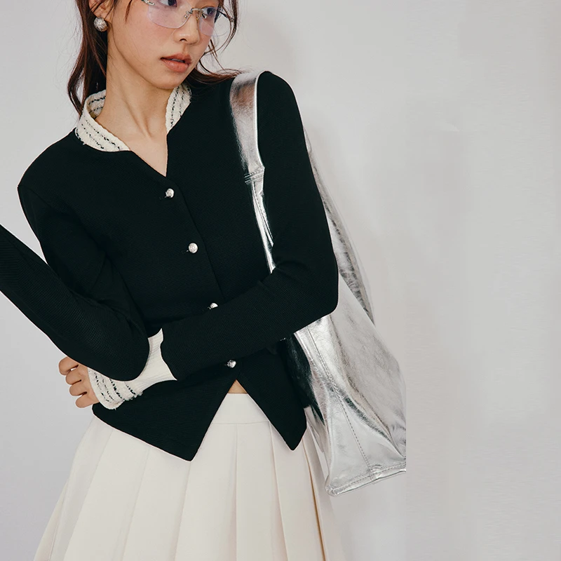 「PINPINPLUS」PP+亨利领小香风修身拼接长袖外套上衣 8A86271FP