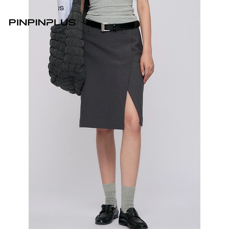 「PINPINPLUS」巴黎记事高智感侧开叉高腰H型中长半裙 8C70391KP