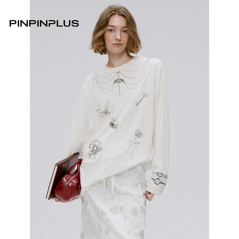 「PINPINPLUS」PP+手绘梦核随性氛围感宽松印花长袖T恤 8C70021AYP