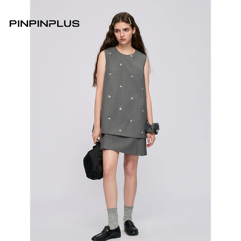 「PINPINPLUS」格雷千金假两件拼接钉珠亮片连衣裙8C70761AYP