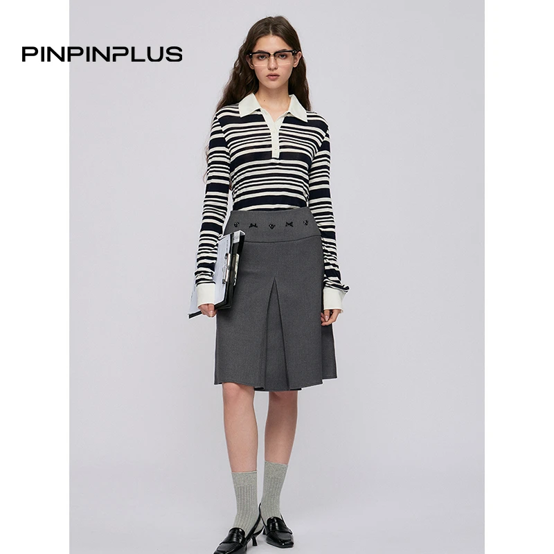 「PINPINPLUS」挪威雨季时尚钉珠精纺高腰褶皱半身裙 8C70651AYP