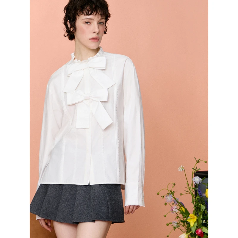 「PINPINPLUS」凡尔赛之约法式蝴蝶结蕾丝羊腿袖衬衫8D80091HP