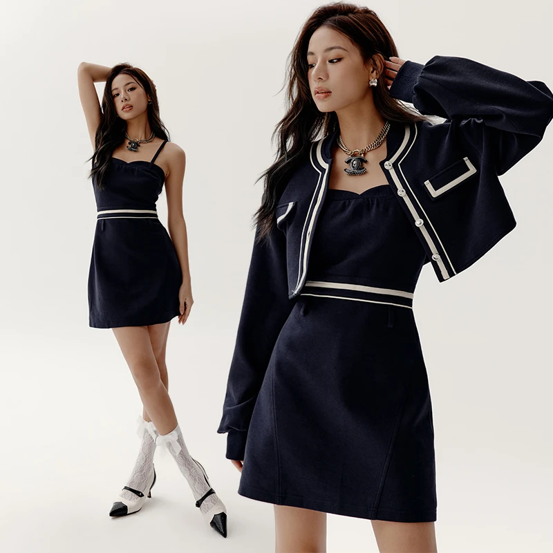 「PINPINPLUS」时尚气质法式棒球领连衣裙套装 3A33992XP
