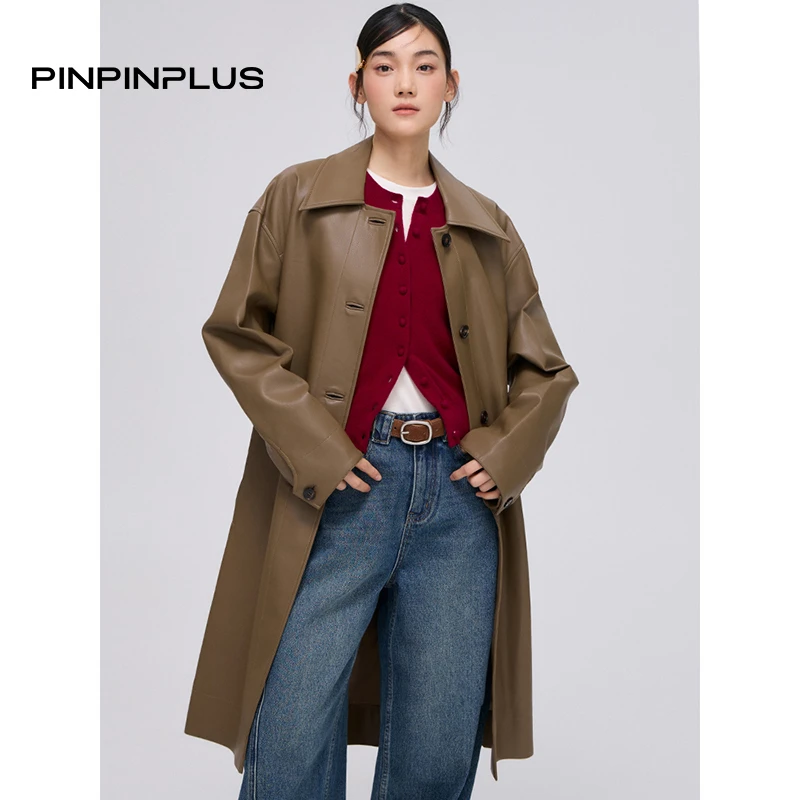 「PINPINPLUS」PP+摩登出场翻领腰带直筒中长款皮衣外套3C62832FP