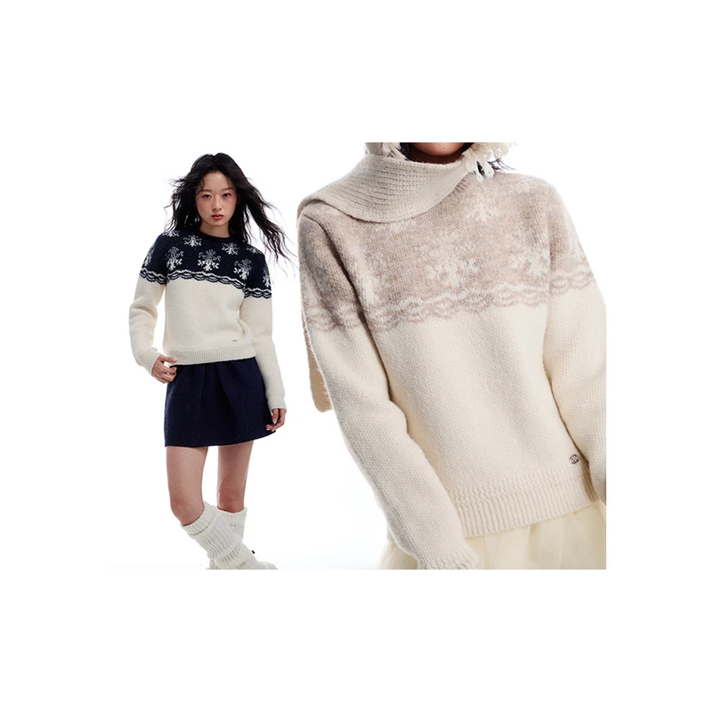 「PINPINPLUS」雪落芝加哥雪花撞色圆领绵羊毛毛衣 8D22901GP