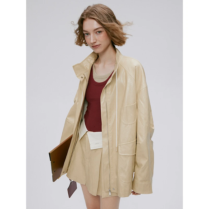 【小熊粉丝专享】工装风抽绳立领皮衣夹克外套8C70161KP