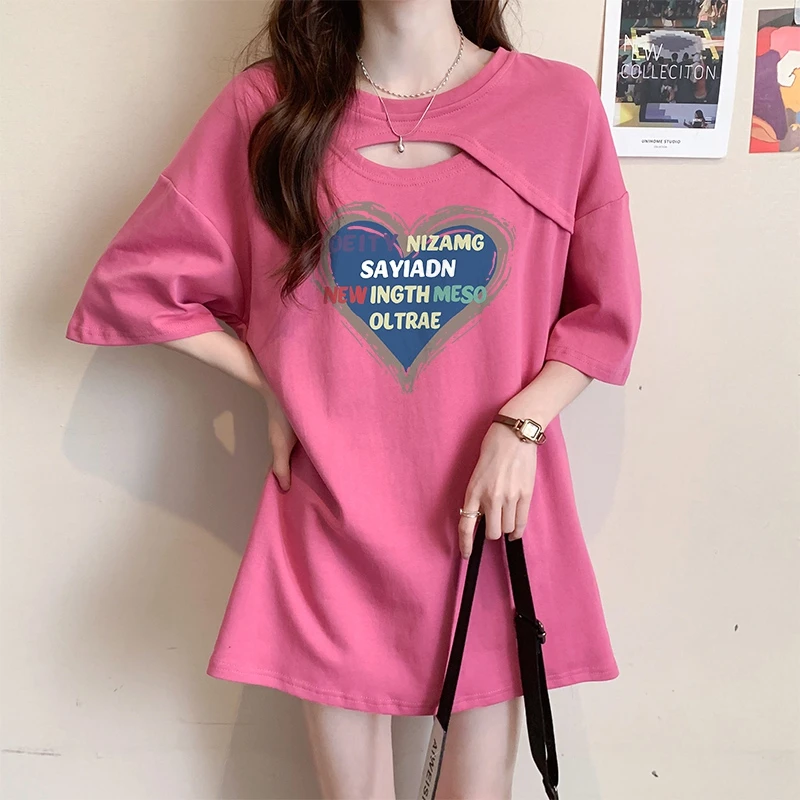 纯棉镂空短袖T恤女夏季2024爆款宽松设计感百搭中长款大码上衣服