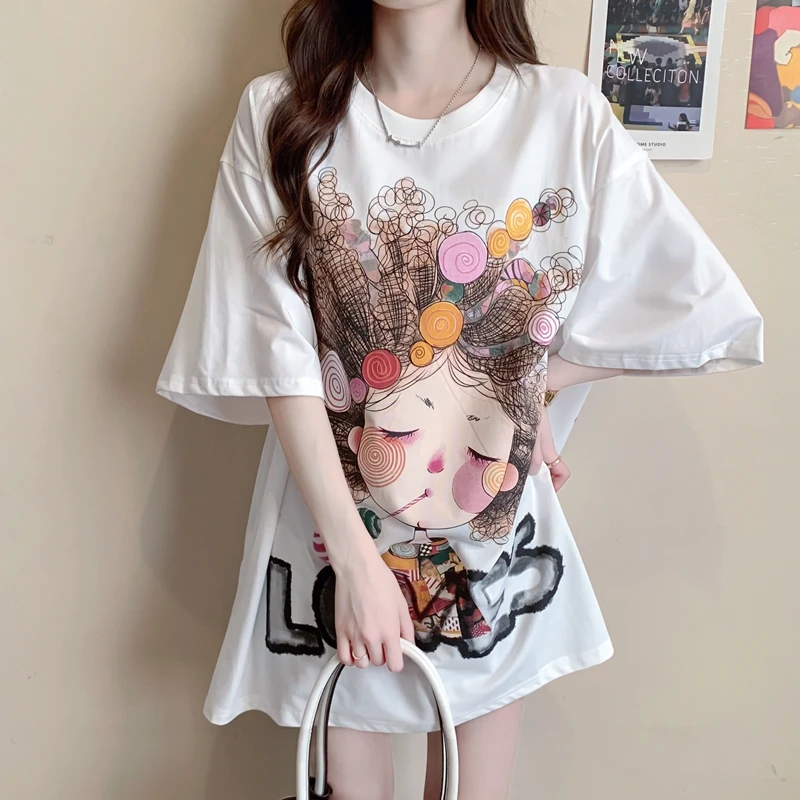 oversize短袖T恤女夏季2024包括宽松中长款洋气百搭纯棉大码上衣