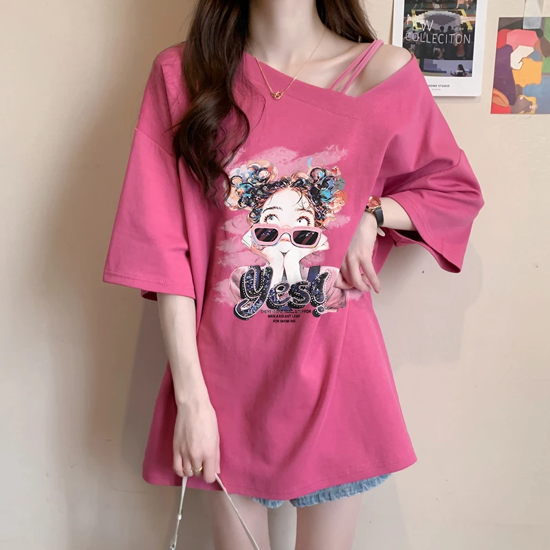 纯棉斜领短袖T恤女夏季2024爆款宽松休闲百搭中长款大码小众上衣