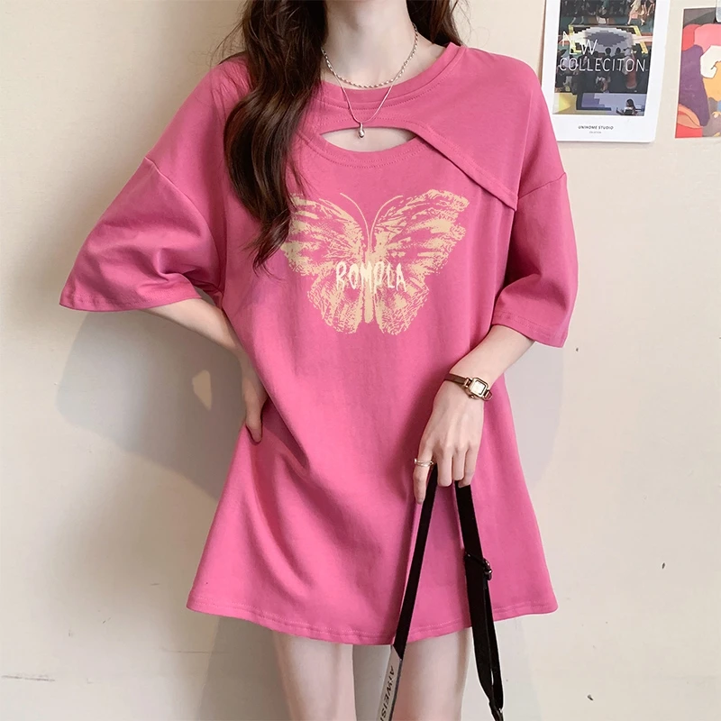 设计感镂空短袖T恤女夏季2024爆款宽松中长款显瘦大码纯棉上衣潮