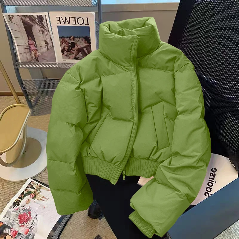 新款2023羽绒服韩版高级感绿色服女装冬季加厚立领面包服高腰短款