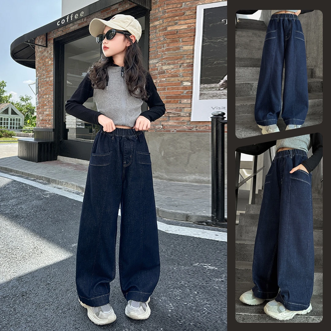 女童侧边口袋直筒宽松阔腿牛仔裤中大童6-12岁洋气休闲显瘦百搭潮