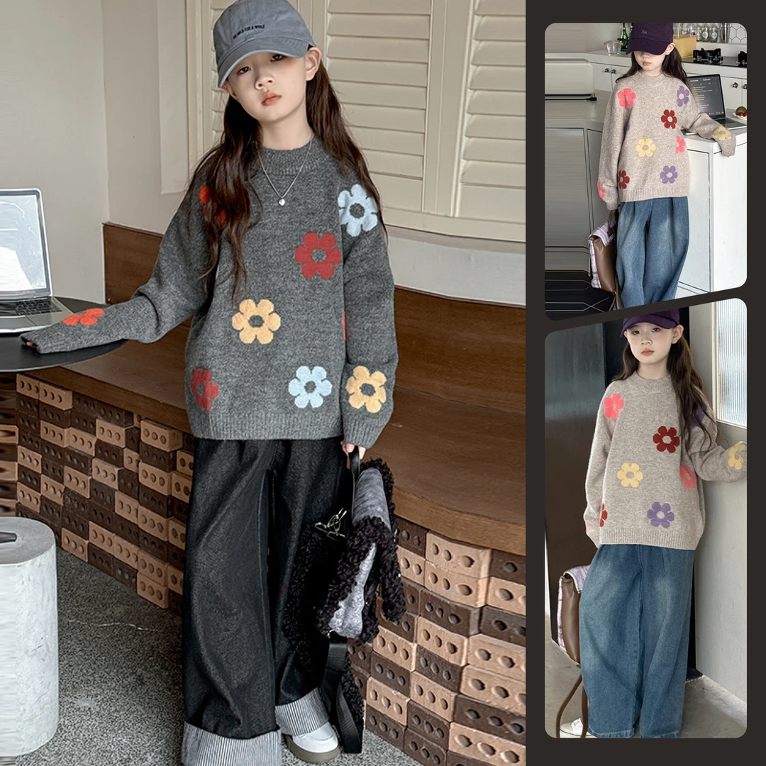女童花朵针织毛衣中大童6-12岁洋气休闲韩版小众潮款套头圆领打底