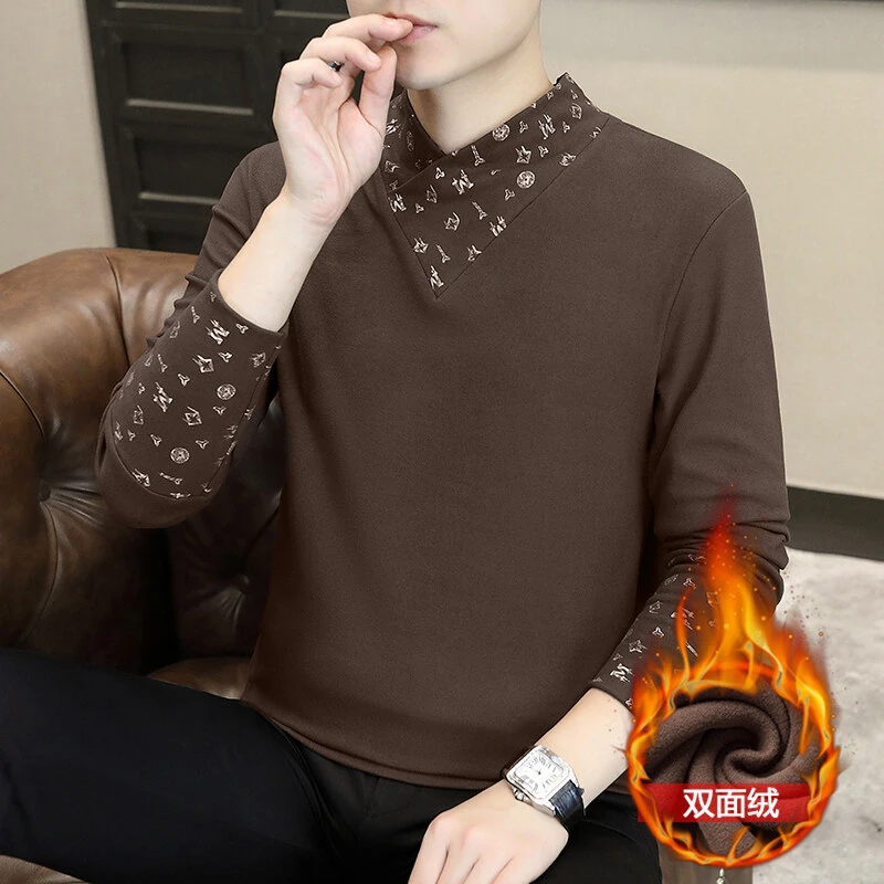 秋冬季双面绒假两件半高领男士打底衫修身长袖T恤保暖卫衣上衣