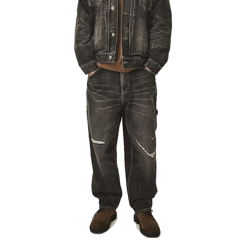 蓝布屋旗舰店破坏洗水做旧补丁赤耳工装垮牛黑灰牛仔裤TKBLDNM357