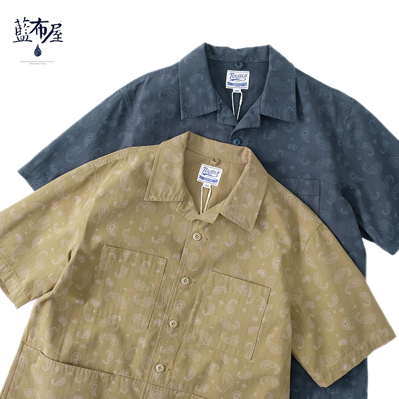 蓝布屋旗舰店重磅复古腰果花口袋工装宽松休闲短袖衬衫TKBLSHT767