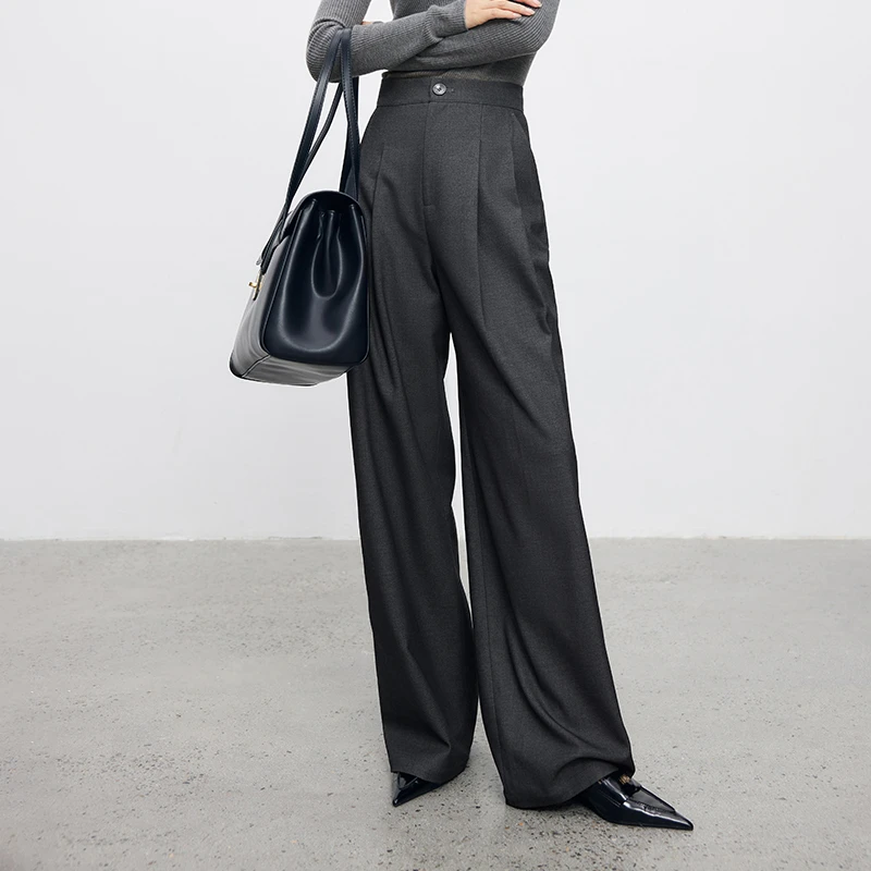法曼萱莱赛尔羊毛灰色西装裤女2023秋冬新款小个子休闲垂感长裤子