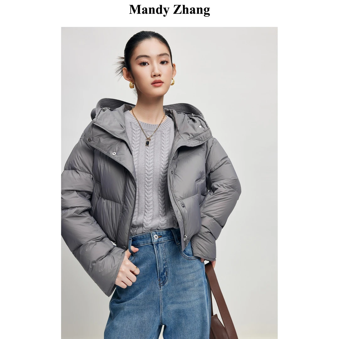 高级感灰90绒轻薄短款羽绒服女连帽面包服厚外套小个子
