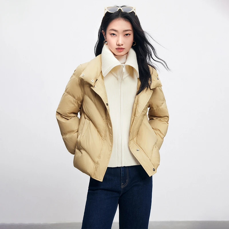 法曼萱黄色鸭绒立领羽绒服女2024冬季新款小个子休闲短款面包服