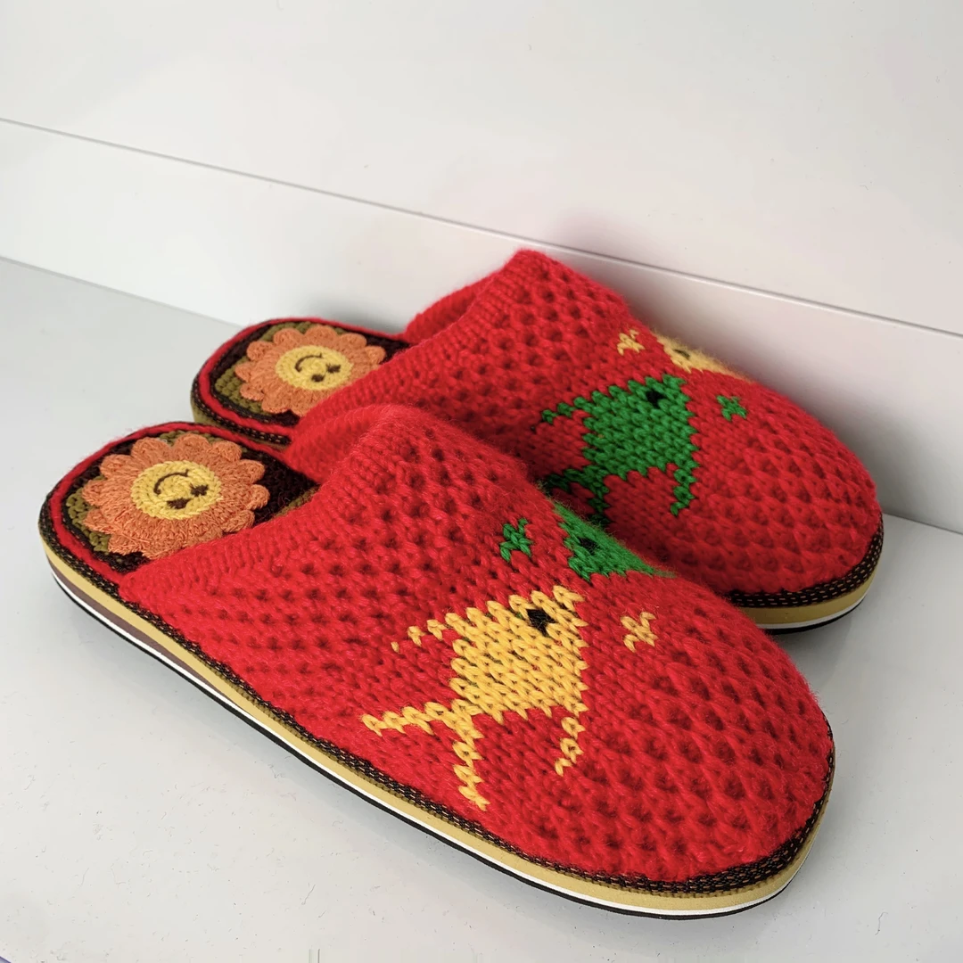 【带底花垫】婚嫁细毛线拖鞋纯手工钩织男女同款情侣款居家拖鞋结婚