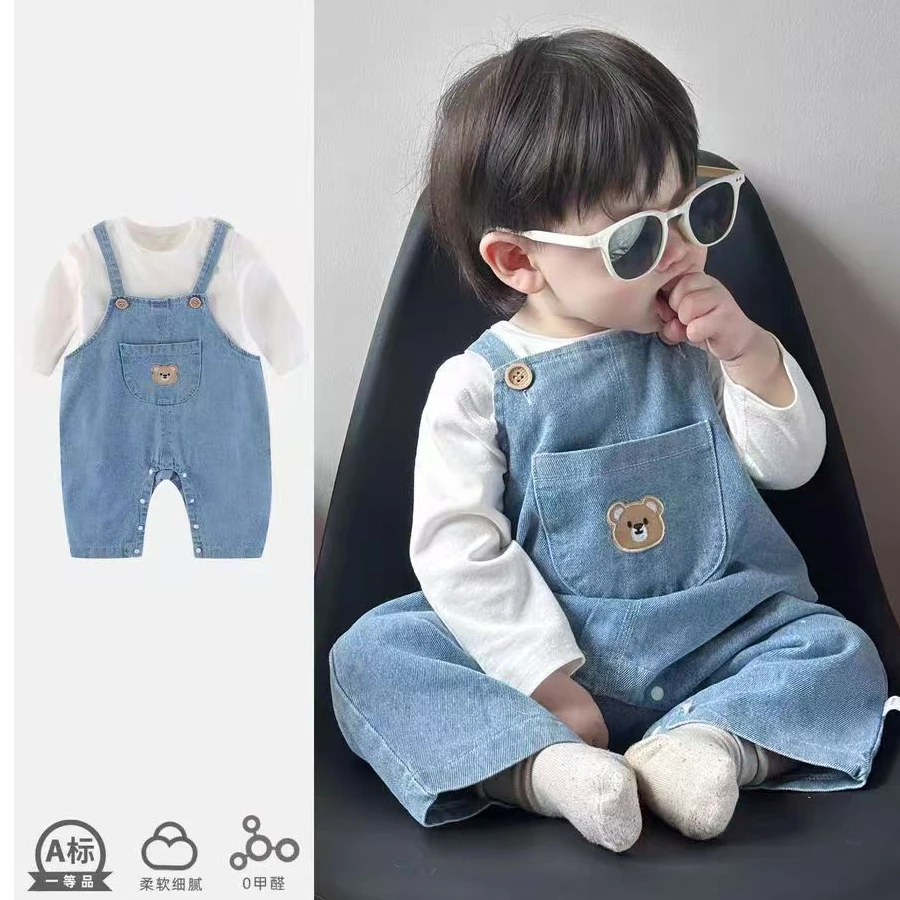 婴儿牛仔连体衣秋装套装宝宝背带衣服春秋季超萌婴幼儿外出服早秋