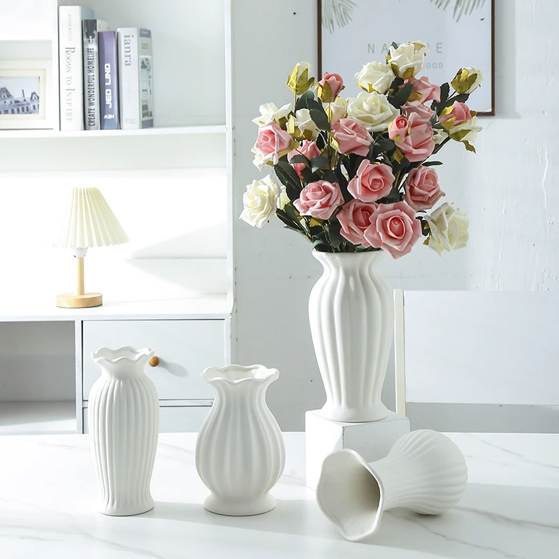 北欧创意轻奢高档白色陶瓷花瓶大口径客厅插花摆件高级感现代简约