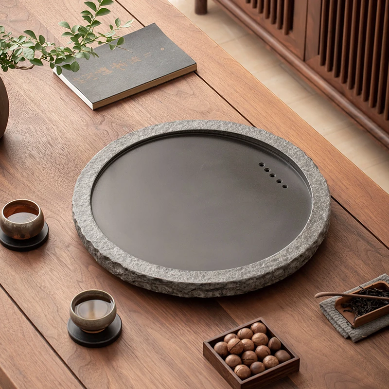整块乌金石茶盘日式简约圆形石头小茶台办公家用茶海功夫茶具托盘