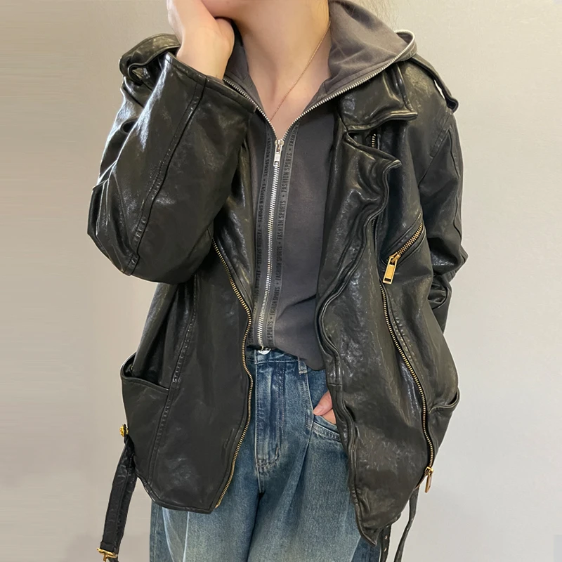 欧货2022春秋新款蜡感全植鞣绵羊真皮复古双腰带机车款皮衣女
