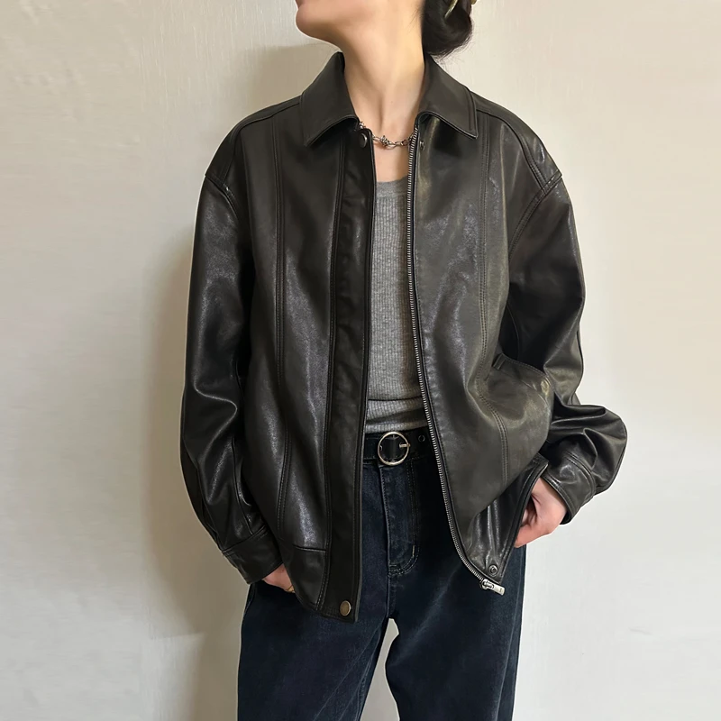 春秋新款植鞣绵羊真皮衣美式复古机车飞行员夹克女外套女士