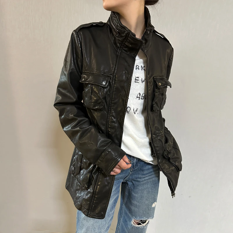 韩国东大门2024秋冬新款全植鞣中长款绵羊真皮夹克外套宽松上衣女