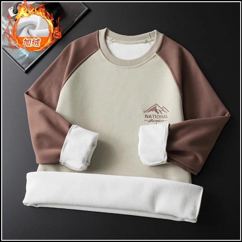冬季加绒加厚男士卫衣2023新款潮牌上衣服御寒保暖圆领打底衫男装