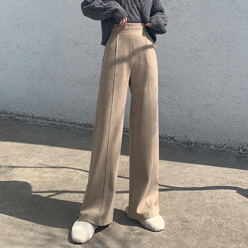 【娇女王原创】毛呢阔腿裤女高腰长裤气质宽松显瘦保暖直筒休闲裤子