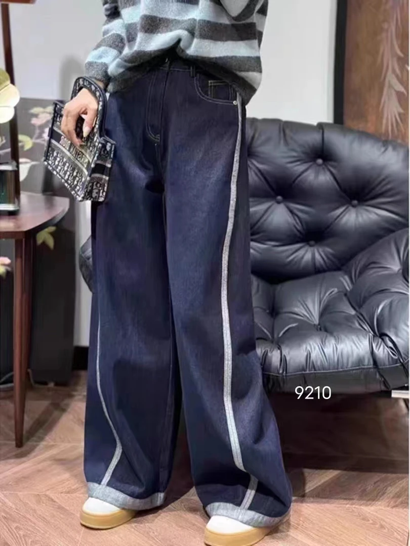 9210欧货2024秋季新款高腰拼色百搭宽松显瘦直筒阔腿拖地牛仔裤女