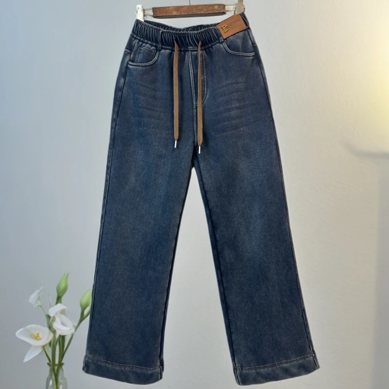 加绒超柔舒适松紧腰高腰显瘦直筒阔腿牛仔裤女秋冬新款加肥加大