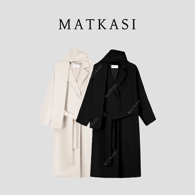 MATKASI 质感轻奢贵贵风系带围巾长款毛呢大衣