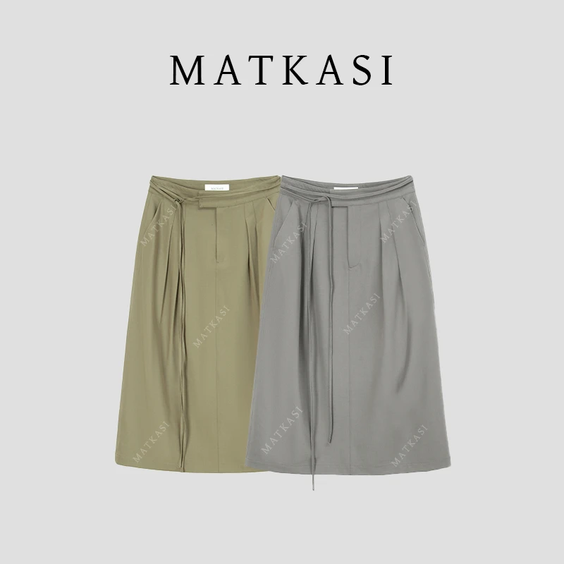 MATKASI 老钱风侧搭扣系带纯色系压褶半身裙