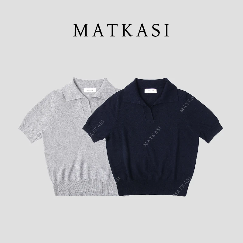 MATKASI 通勤风纯色polo领收腰显瘦短袖羊绒针织T恤