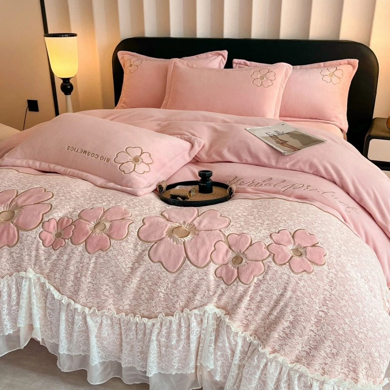 【樱花雨】工艺花边款加厚牛奶绒四件套床上用品被套加绒三件套