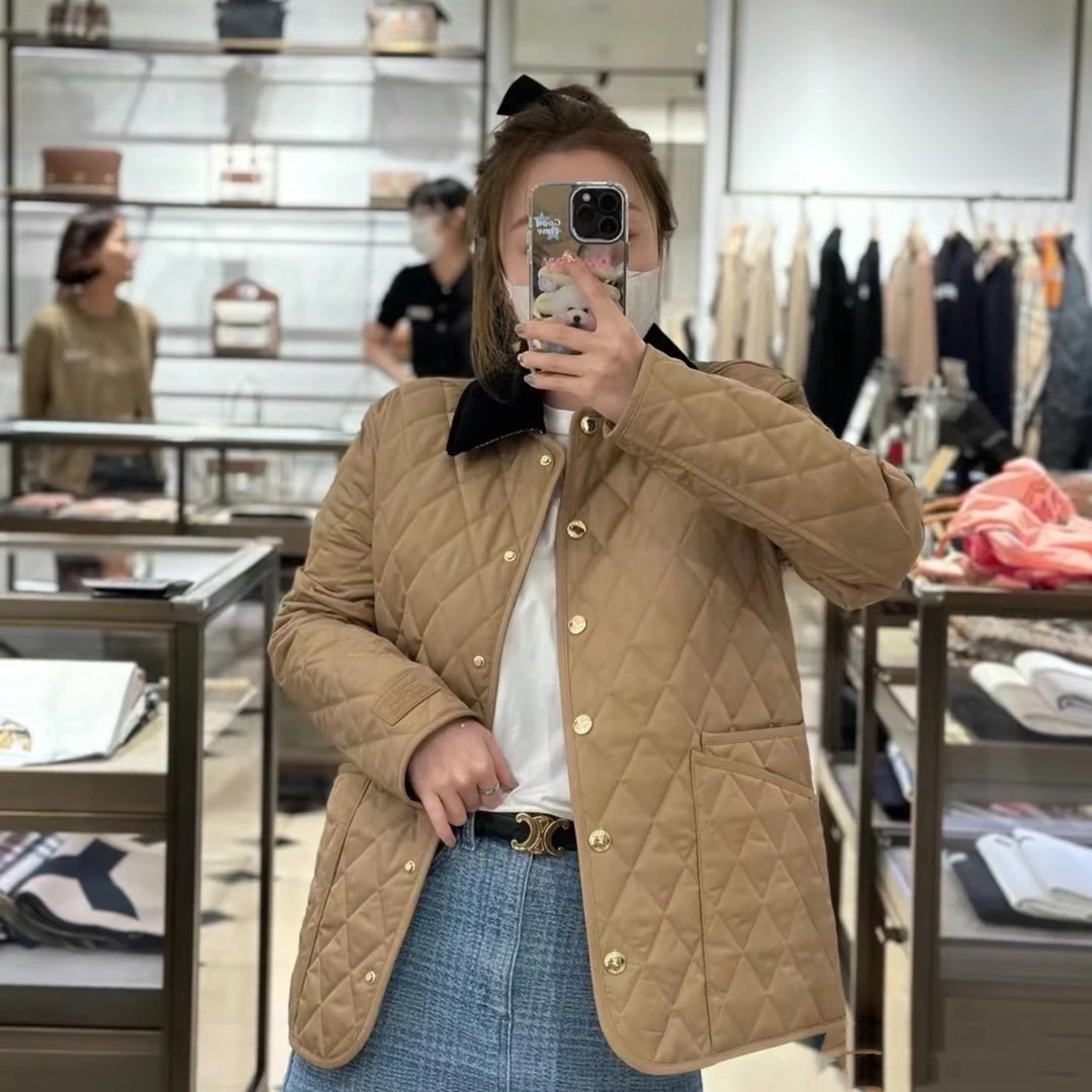 全新未使用 BURBERRY/博柏利 拼接灯芯翻领格纹绗缝长袖棉服 驼色