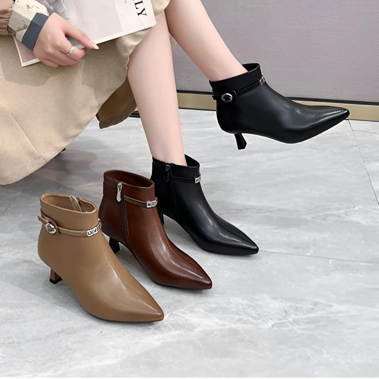 秋冬时尚尖头细跟短靴气质百搭舒适高跟及踝靴