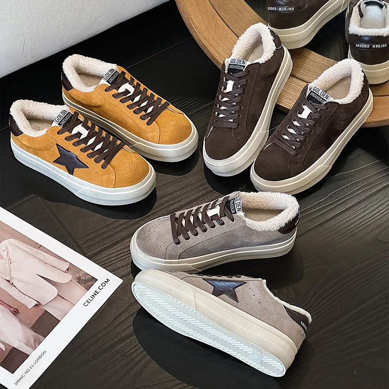 韩国星星鞋2024冬季新款真皮加绒加厚毛毛复古做旧脏脏板鞋棉鞋女
