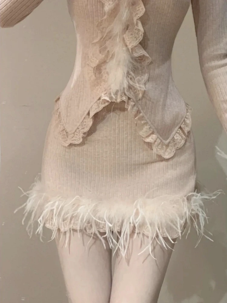 粉色花海~纯欲风甜辣套装女秋冬毛毛针织衫搭配半身短裙子两件套