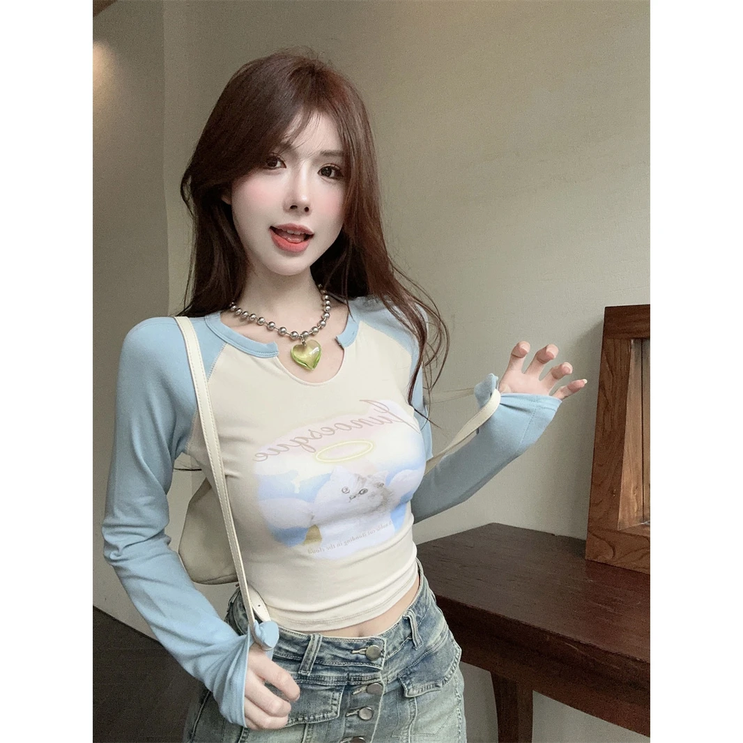 多巴胺卡通v领猫咪长袖t恤女早秋纯欲辣妹性感短款上衣打底衫内搭